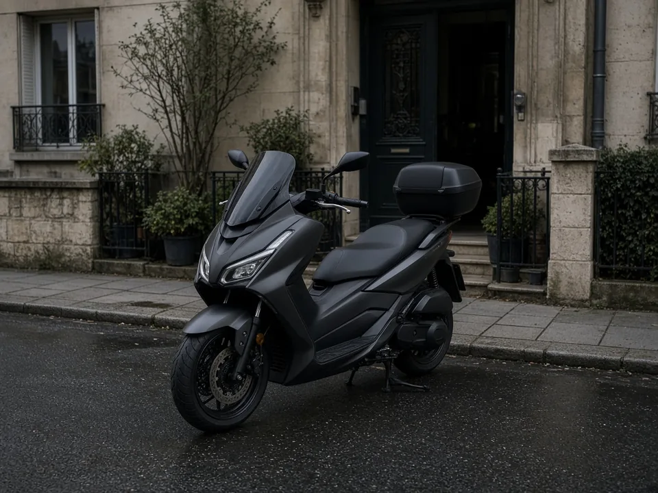 Deux-roues avec top-case garé devant l'entrée d'un immeuble, illustration du dépannage de serrurerie