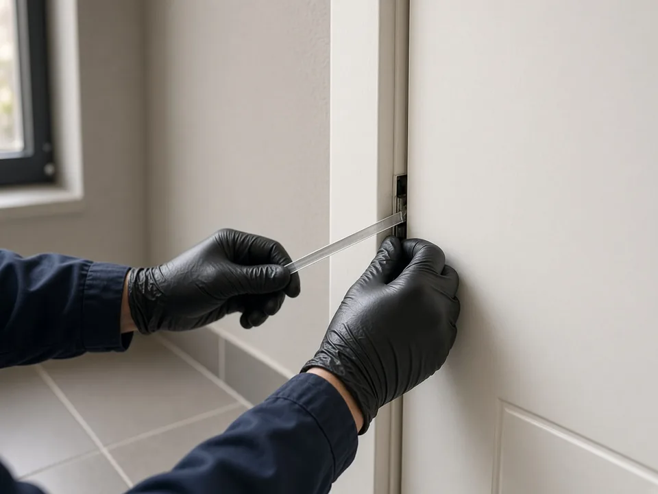 Mains gantées glissant une lame souple entre une porte d'appartement claquée et son encadrement