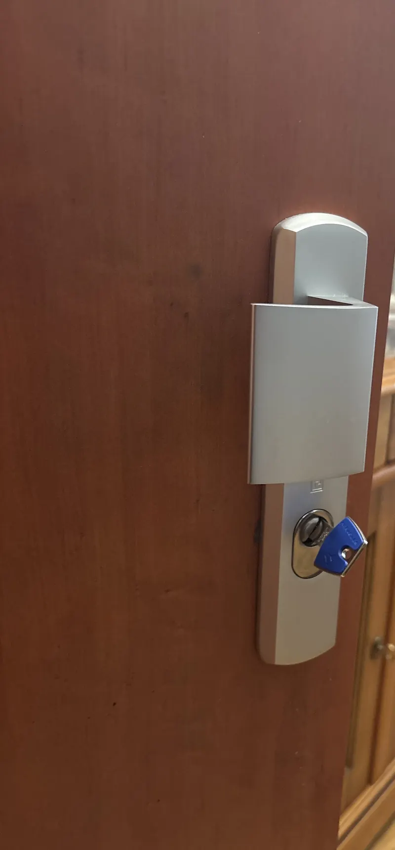 Poignée et cylindre sur une porte palière en bois – photo d'intervention, serrurier Paris 17e