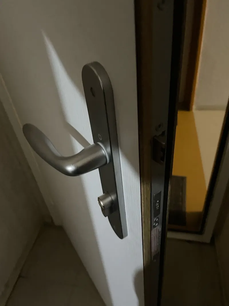Plaque de poignée et cylindre sur une porte d'entrée – photo d'intervention, serrurier Colombes